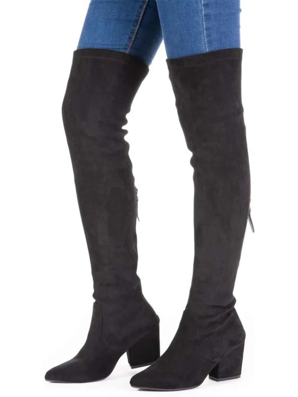 Women's Black 3 Inch Pointed Toe Chunky Block Heel Over The Knee High Boots